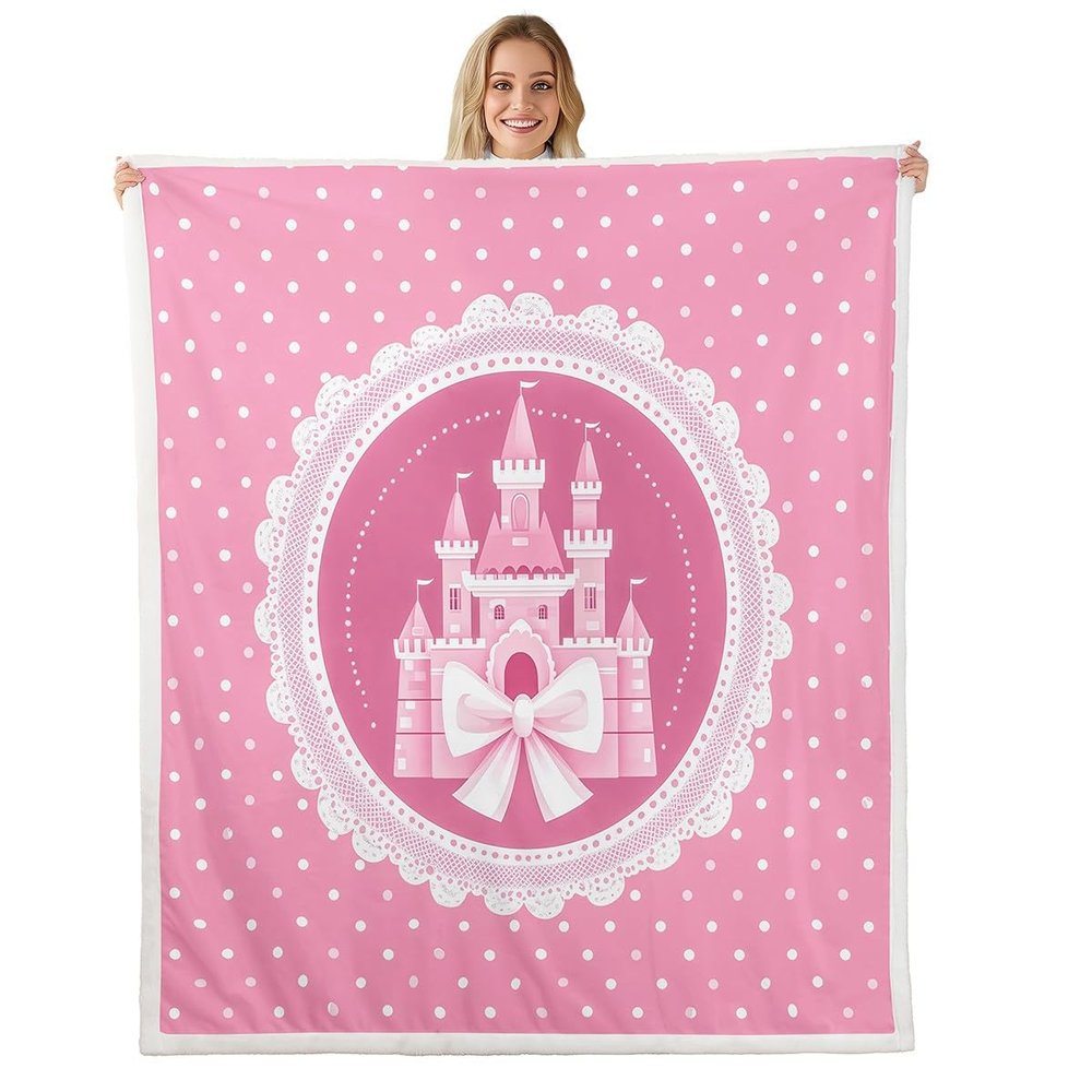 jejeloiu Girls Princess Fleece Throw Blanket Baby 30"x40" Cartoon Castle Pink Bownot Polka Dots Sherpa Blanket Plush Fuzzy for Kids Boys Dreamy Fairy Tale for Bed Couch Chair Living Room Room Decor