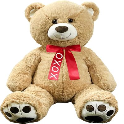 Anico 36" Tall (3 Feet) Plush Bear with Custom Red Ribbon Embroidered Paws and Smiling Face