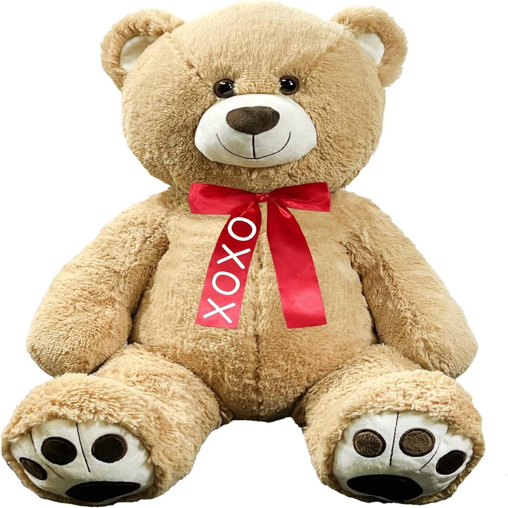 Anico 36" Tall (3 Feet) Plush Bear with Custom Red Ribbon Embroidered Paws and Smiling Face
