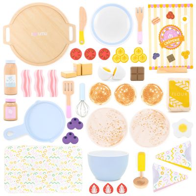 UMU Wooden Pancake Play Set 44 Pcs Pretend Cooking Toy with Pan, Spatula, Syrup, Toppings & More Kitchen Play Food Set for Kids Ages 3 4 5