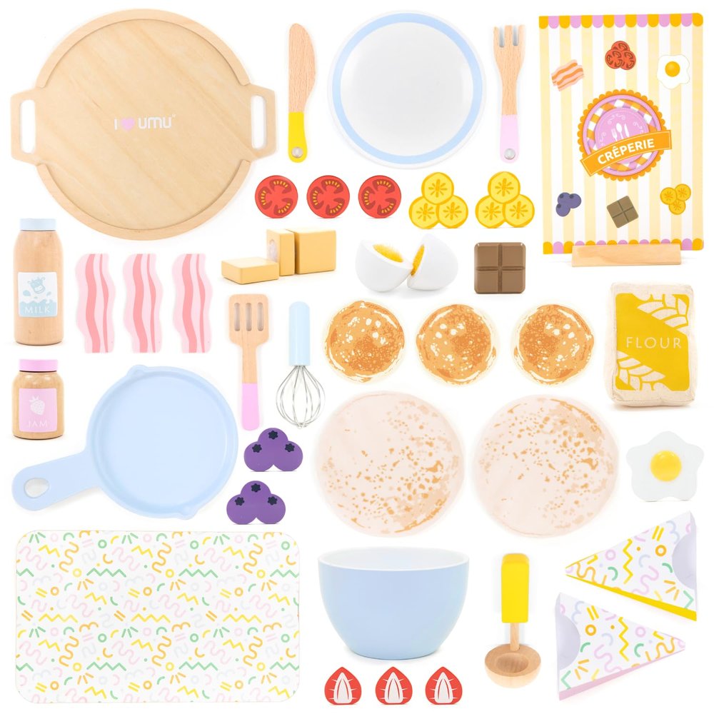 UMU Wooden Pancake Play Set 44 Pcs Pretend Cooking Toy with Pan, Spatula, Syrup, Toppings & More Kitchen Play Food Set for Kids Ages 3 4 5