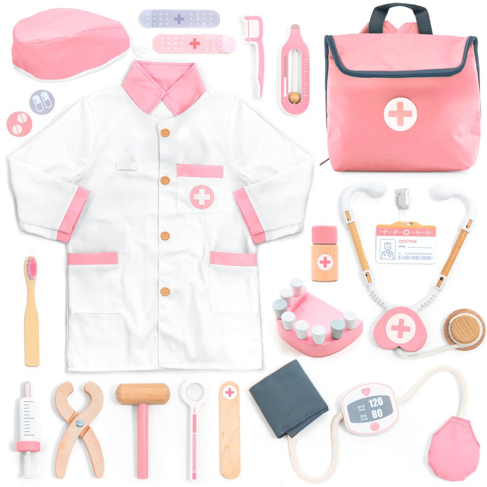 UMU Wooden Doctor Kit for Kids  Doctor & Dentist Play Set for Toddlers with Dr Coat, Stethoscope, Tooth Model & More  Dress Up & Pretend Play  Medical Toy for Girls Ages 3 4 5 6