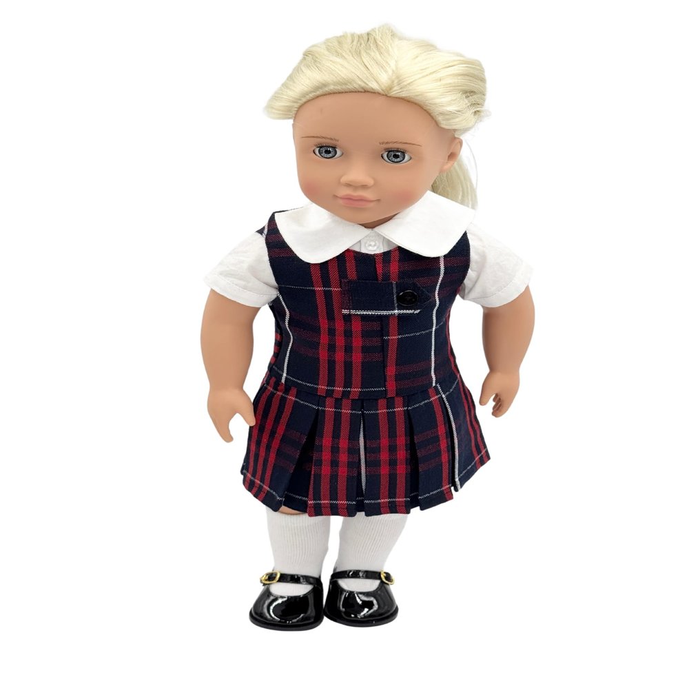 18 inch Doll Outfit-School Plaid Jumper Include Blouse and Hair Accessory/Add on Option: Sock and Shoe (Doll is not Included) (Zip Jumper,Sock,Shiny Black Shoe, Plaid 36)