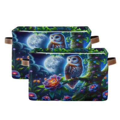 Maunzc Beautiful Singing Owl Storage Bins Collapsible Storage Basket with Metal Frame, Fabric Shelves Bins Closet Baskets with Handles, 2-Pack