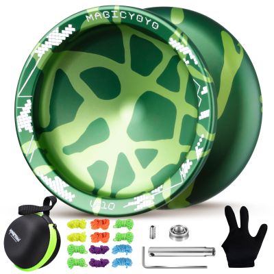 MAGICYOYO V10 Finger Spin Yoyo Professional Metal Trick Yoyo Responsive & Unresponsive Dual Purpose Yo Yo with Storage Case + Yo Yo Glove +12 Strings(Dark & Light Green)