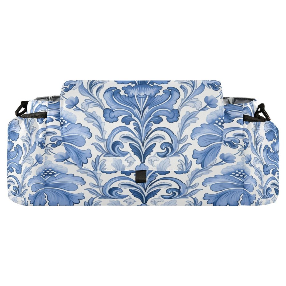 Bulletgxll Blue and White Floral Baby Stroller Organizer Universal Stroller Caddy Accessories Bag with Cup Holder and Detachable Shoulder Strap