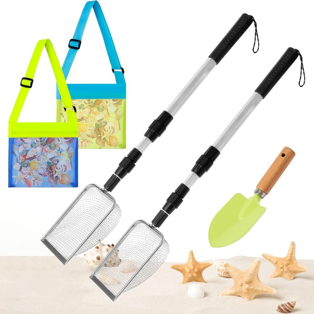 ARefugen Beach Sand Sifter Set  2 Retractable Sand Screens, Metal Shovel & 2 Seashell Mesh Bags, Adjustable Handle Scoop Tool for Beachcombing Collecting Shells Shark Teeth Treasure Hunting