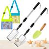 ARefugen Beach Sand Sifter Set  2 Retractable Sand Screens, Metal Shovel & 2 Seashell Mesh Bags, Adjustable Handle Scoop Tool for Beachcombing Collecting Shells Shark Teeth Treasure Hunting view 1