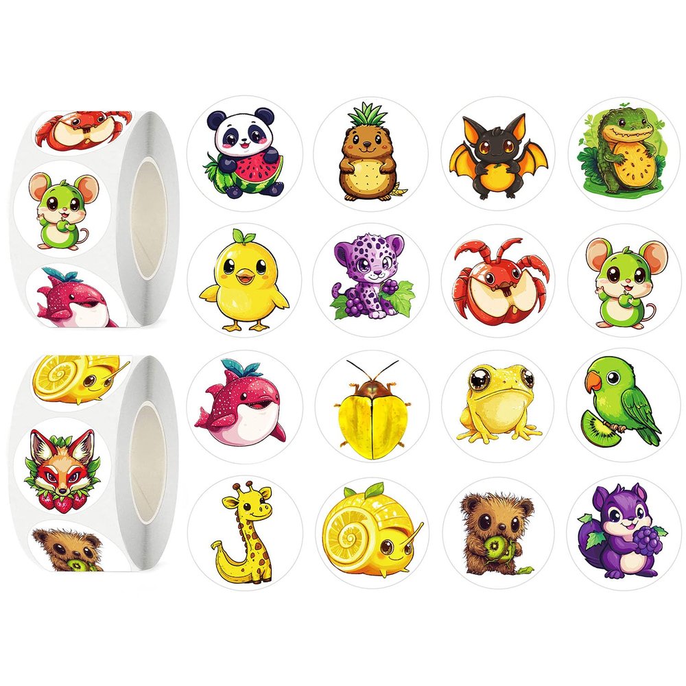 UVUXO 600 Pcs Funny Animals Stickers for Kids- 1.5 Inch Round Sticker Roll 16 Tyles Cute Animals Kindergarten Stickers Teacher Sticker for Kids Birthday Party School Reward Giveaways