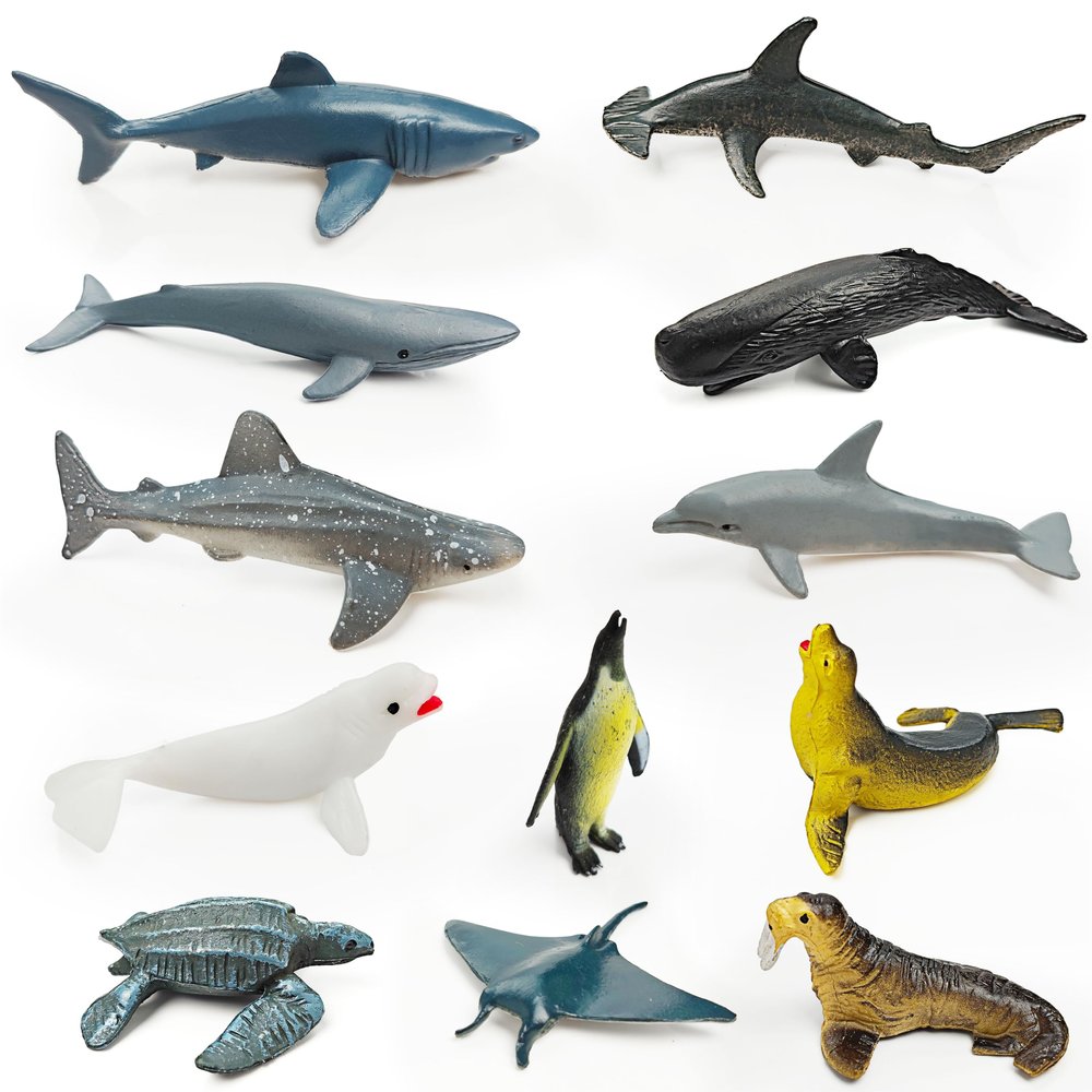 12 Marine Animal Figurines for Kids, Plastic Animal Toys Tiny Portable Sea Creature Figures Playset Montessori Toy Educational Game for Homeschool Preschool Toddler Kids