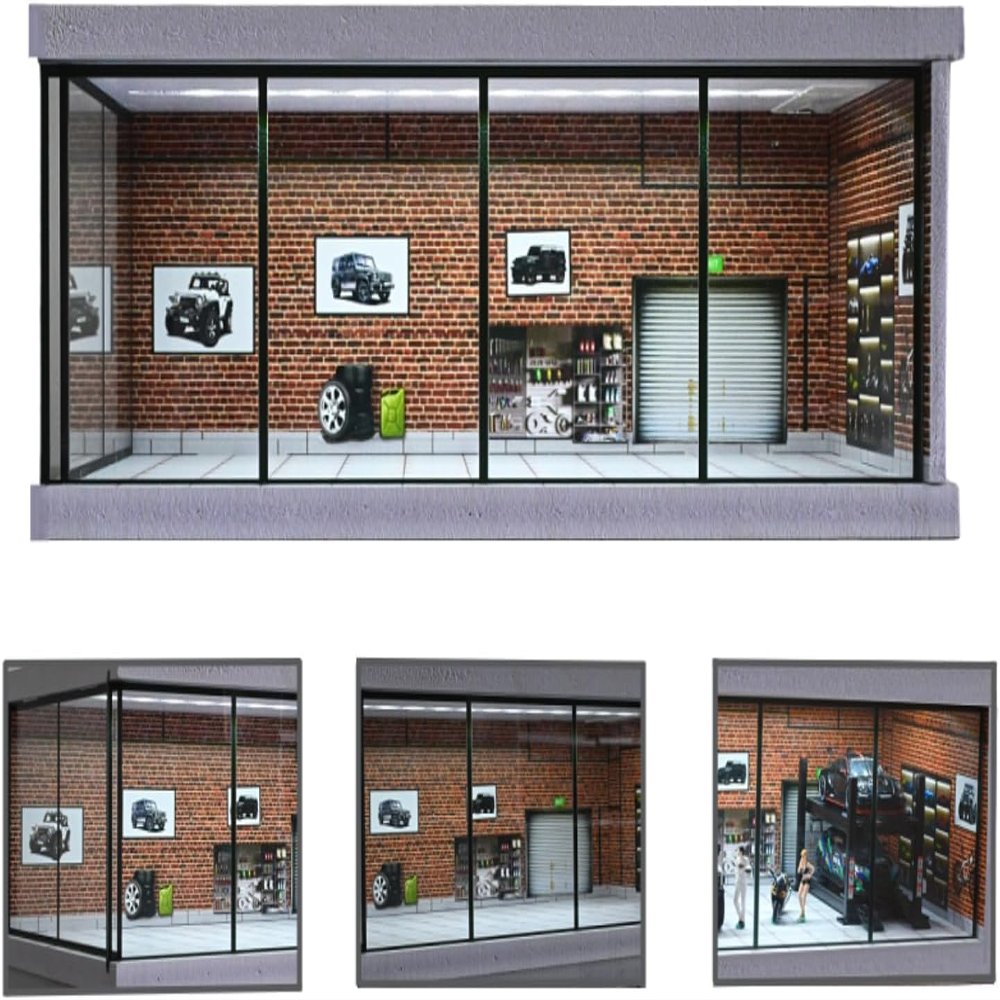 1/43 Scale Diorama Car Garage Model, Fits for 1/43 Die-Cast Model Car LED Lighting Car Showroom Model, City Parking Lot Display Model,Model Car Storage Display Scene Model with Dust Door(A)