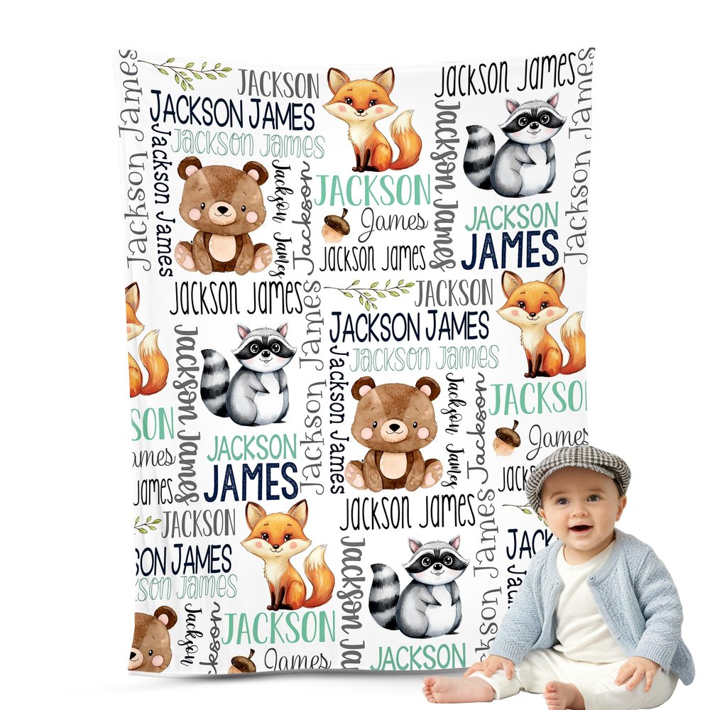 NAZENTI Personalized Baby Boys Blanket, Custom Woodland Blankets with Name, Gifts for Girl Boy Newborn Kid Baby Shower Birthday, Customized Soft Fleece and Sherpa Blanket 30x40 50x60 60x80 Inches 04