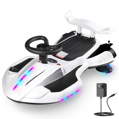 12V Electric Wiggle Car with Pedal, Rechargeable 2-in-1 Swing Car, Drifting Car with Backrests, Anti-Rollover, Spray, Flashing Lights, Music, Bluetooth, for Ages 3 and Up, 150 lbs(White + Black)