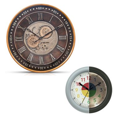 CLXEAST Large Gear Clock+ Learning Clock for Kids, Silent Non Ticking Telling Time Teaching Clocks for Kids Bedrooms, Classroom,Night Light,Stonewash Blue,8.5 Inch