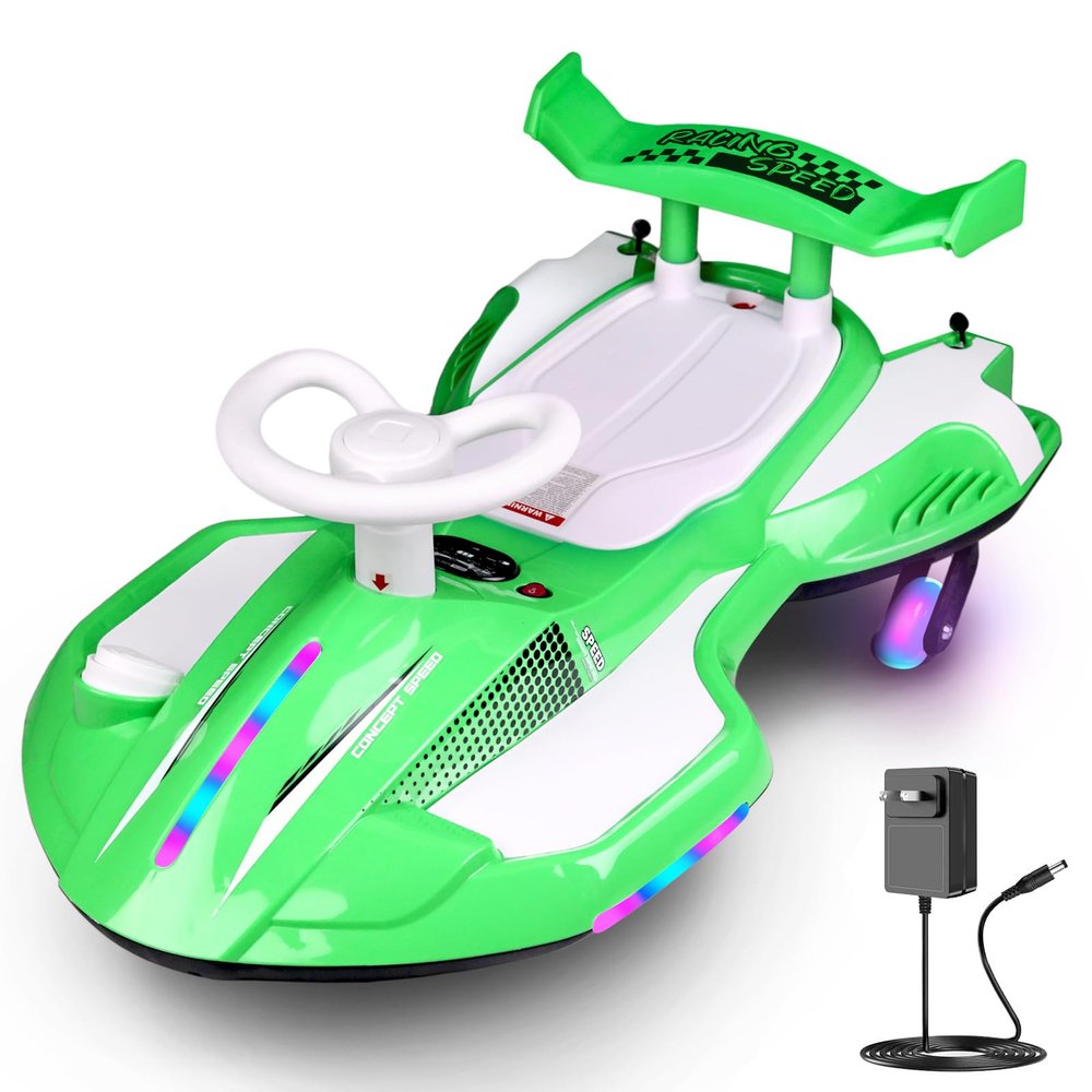 12V Electric Wiggle Car with Pedal, Rechargeable 2-in-1 Swing Car, Drifting Car with Backrests, Anti-Rollover, Spray, Flashing Lights, Music, Bluetooth, for Ages 3 and Up, 150 lbs(Green+White)