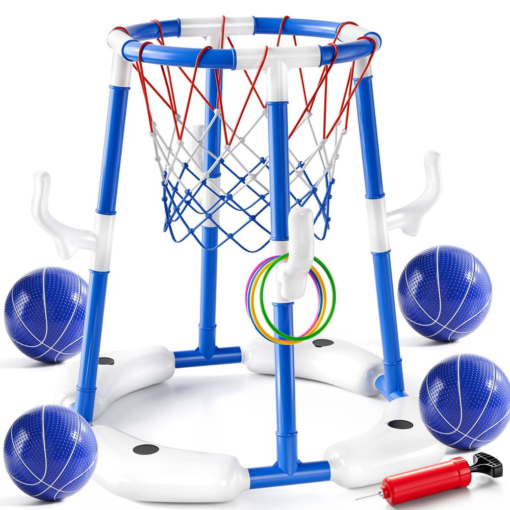 JUKUDAHU Pool Basketball Hoop, Boy Pool Toys for Kids Ages 4-8, 2-in-1 Floating Pool Ring Game with 4 Balls and Pump, Outdoor Swimming Water Play Toy, Summer Water Toys for Kids Adults Age 3-12