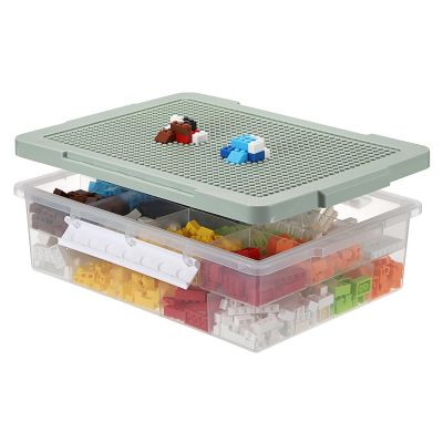 OGANAZI Plastic Organizer Bins for Blocks, Blocks Storage Container with Baseplate Lid Removable Tray, Stackable Double Layer 30 Slots Clear Storage Box Organizer for Bricks, Crafts, Beads(Green)