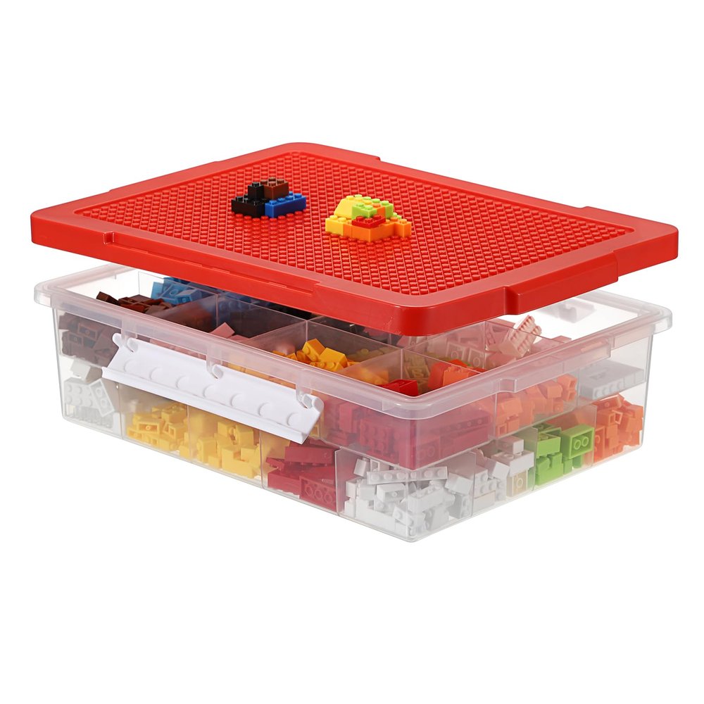 OGANAZI Plastic Organizer Bins for Blocks, Blocks Storage Container with Baseplate Lid Removable Tray, Stackable Double Layer 30 Slots Clear Storage Box Organizer for Bricks, Crafts, Beads(Red)