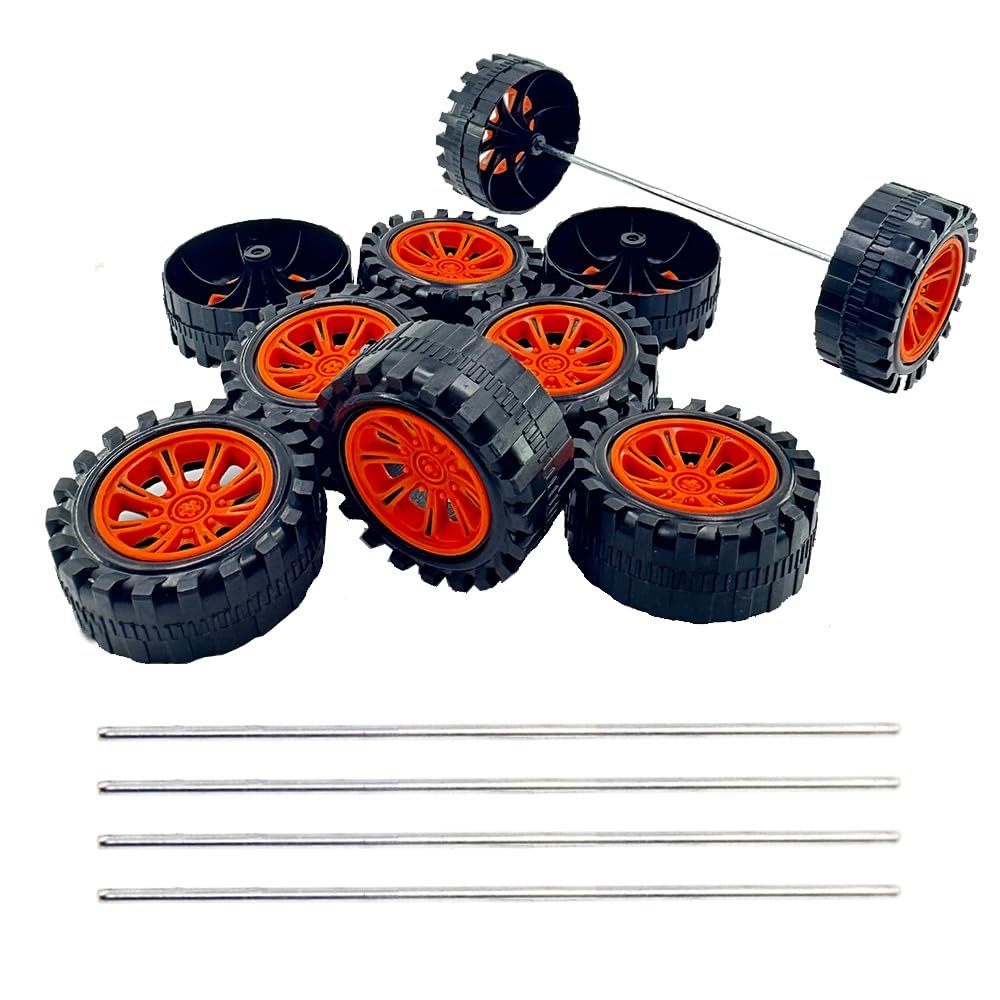 10PCS Toy Car Wheels 2mm Dia Shaft Plastic Car Wheels with 5PCS Shaft Round Rod Axles for RC Car Truck Robot DIY Model Toy Building Accessories (2x16x42mm Orange)