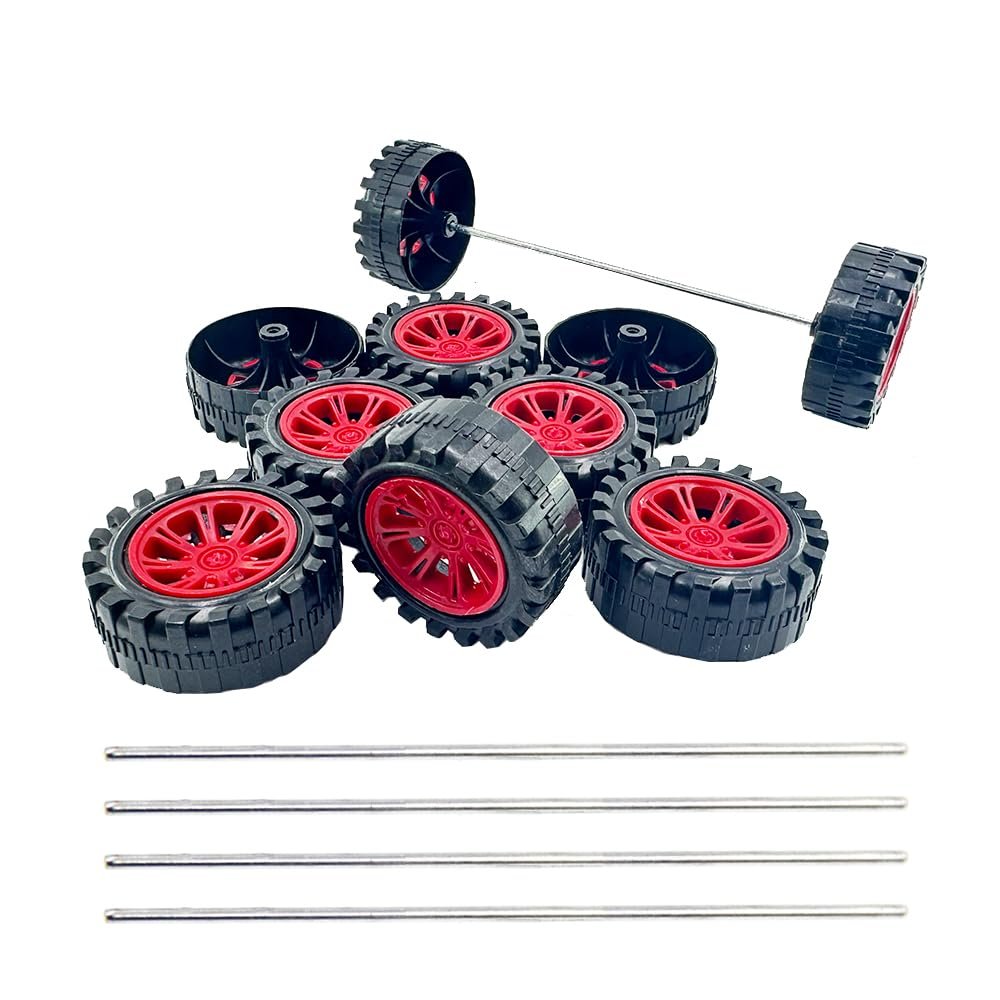 10PCS Toy Car Wheels 2mm Dia Shaft Plastic Car Wheels with 5PCS Shaft Round Rod Axles for RC Car Truck Robot DIY Model Toy Building Accessories (2x14x38mm Red)