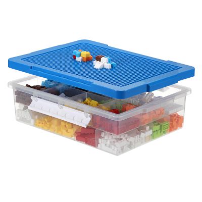OGANAZI Plastic Organizer Bins for Blocks, Blocks Storage Container with Baseplate Lid Removable Tray, Stackable Double Layer 30 Slots Clear Storage Box Organizer for Bricks, Crafts, Beads(Blue)