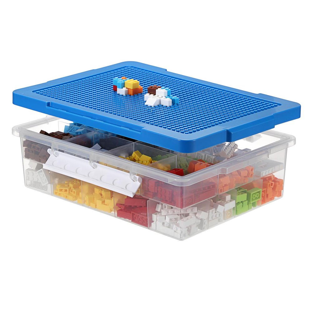 OGANAZI Plastic Organizer Bins for Blocks, Blocks Storage Container with Baseplate Lid Removable Tray, Stackable Double Layer 30 Slots Clear Storage Box Organizer for Bricks, Crafts, Beads(Blue)
