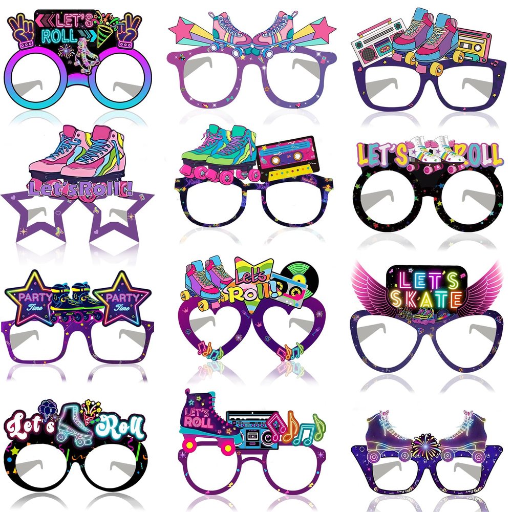 24 PCS Roller Skate Party Favors Roller Skating Paper Eyeglasses Retro 60s & 80s Party Favors Supplies Roller Skating Party Decorations Retro Hip Hop Birthday Supplies Roller Photo Booth Props
