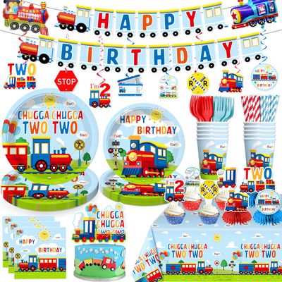 202Pcs Chugga Chugga Two Two Party Decorations Serves 25 Guests, 2nd Birthday Decorations for Boys Include Banner, Plates, Tablecloth, Balloons, Cake Topper, Cupcake Toppers, Train Birthday