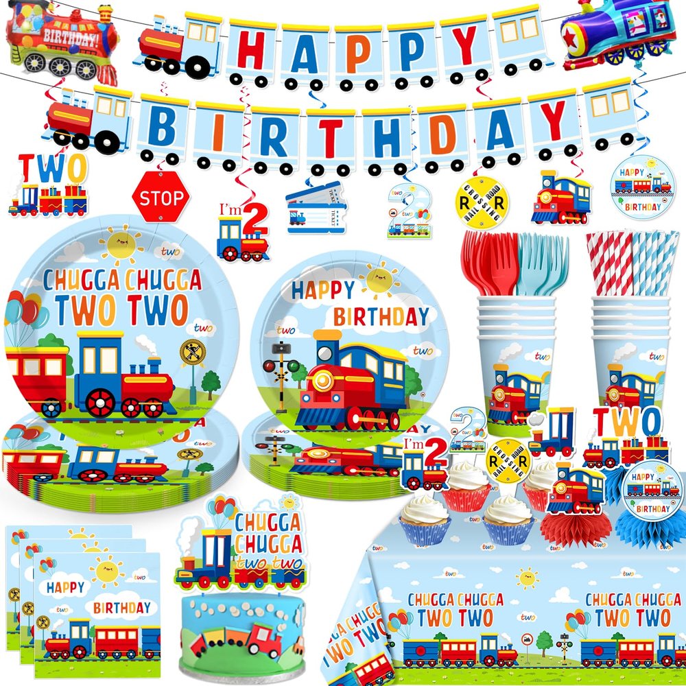 202Pcs Chugga Chugga Two Two Party Decorations Serves 25 Guests, 2nd Birthday Decorations for Boys Include Banner, Plates, Tablecloth, Balloons, Cake Topper, Cupcake Toppers, Train Birthday