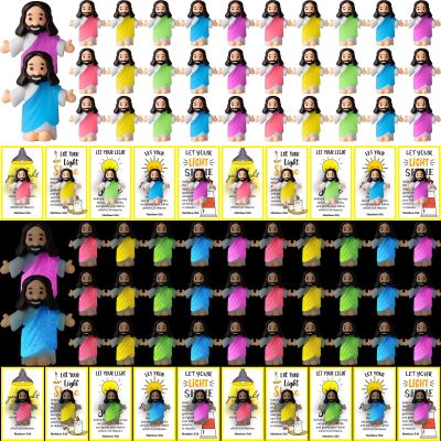 CroBlissful 60 Sets Mini Jesus Figurines Bulk Glow in The Dark with Let Your Light Shine Cards for Easter Church Baptism Sunday School Religious Christian Gifts(Long Robes Style)