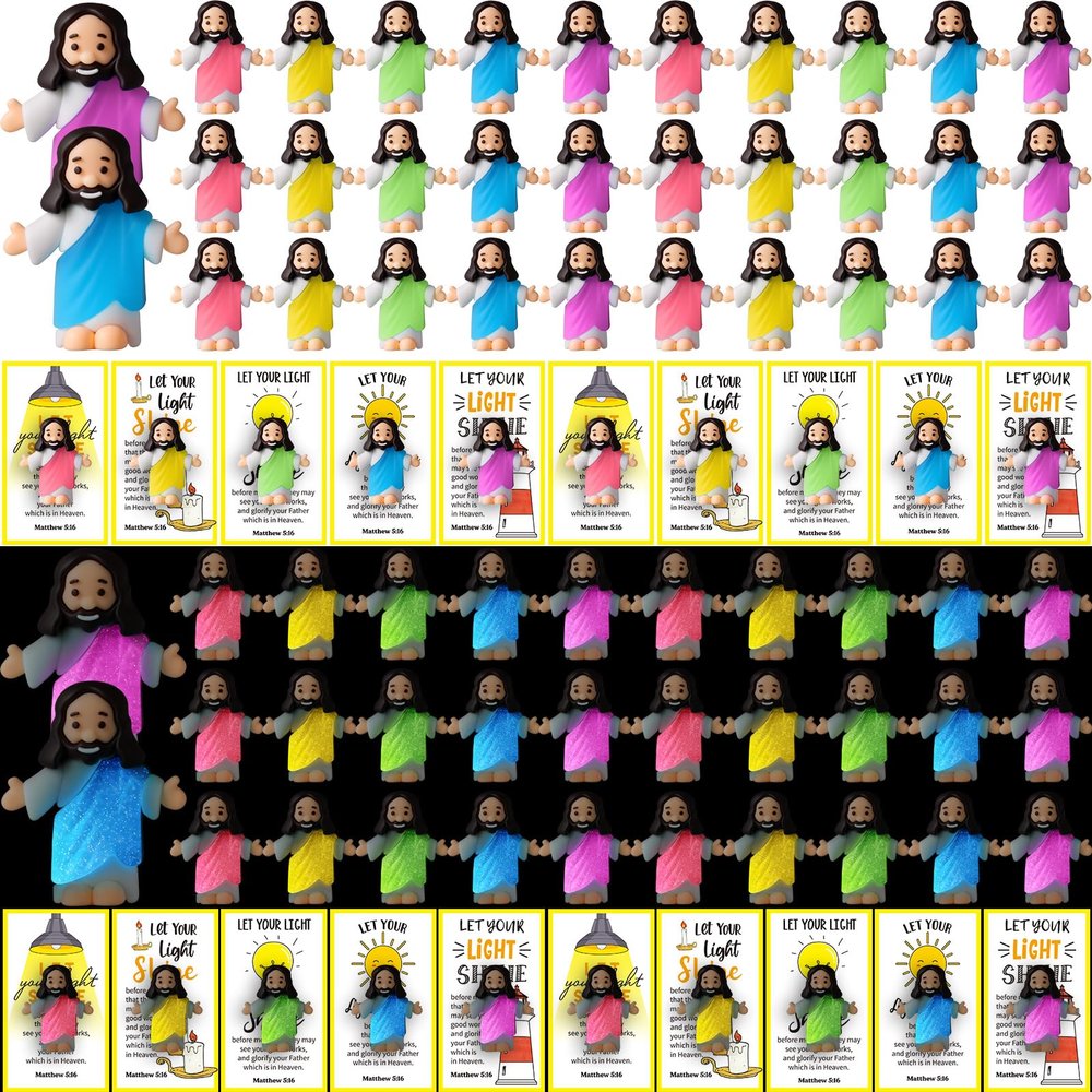 CroBlissful 60 Sets Mini Jesus Figurines Bulk Glow in The Dark with Let Your Light Shine Cards for Easter Church Baptism Sunday School Religious Christian Gifts(Long Robes Style)