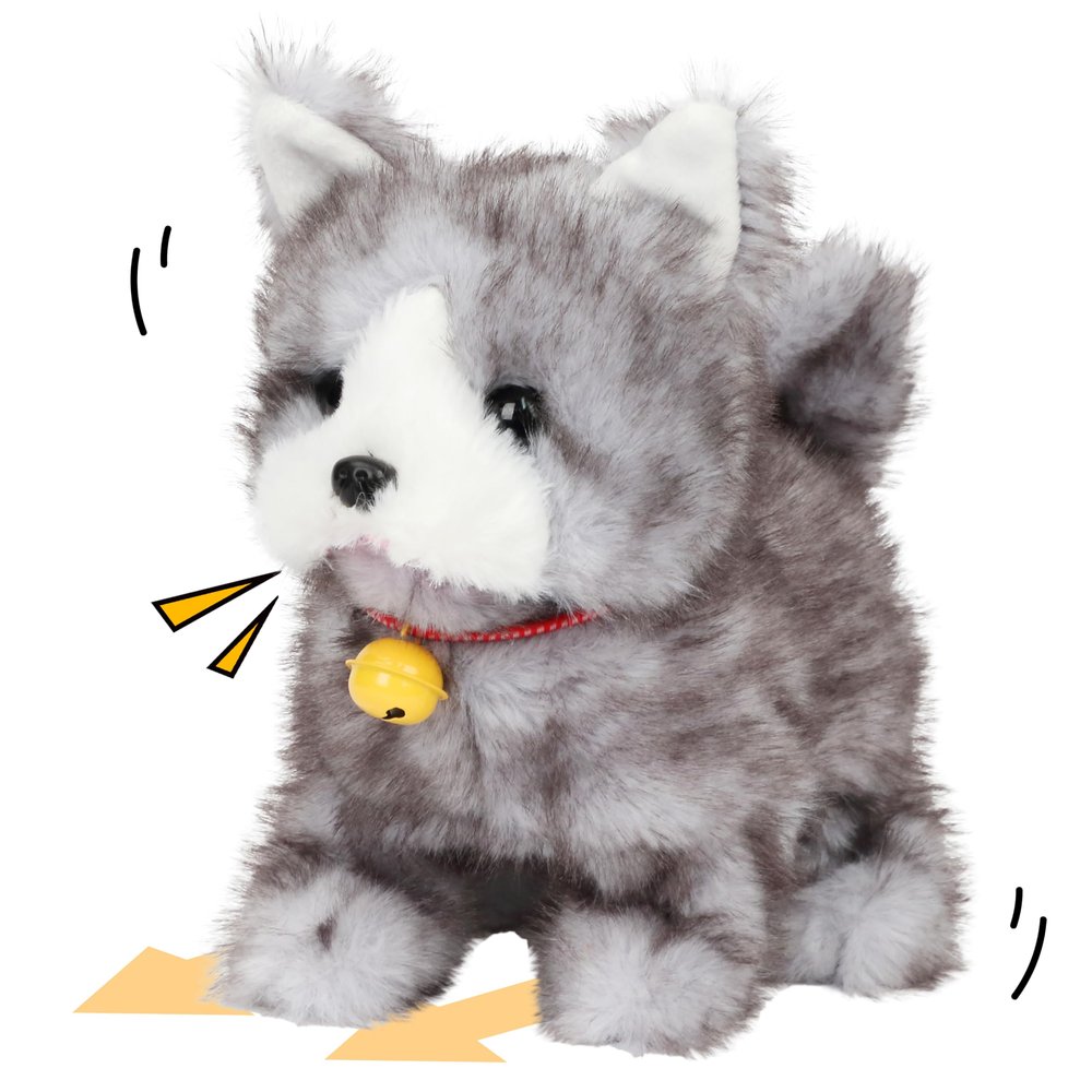 Cuteoy Walking Gray Cat Stuffed Animal Talking Wagging Nodding Educational Plush Kitty Toy Electric Interactive Animated Plushies for Girls Boys Birthday