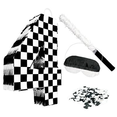 AVXINSOK Checkered Number 4 Pinata with Stick and Blindfold Black and White Race Car Pinata for Kids 4th Birthday Anniversary Racing Car Party Supplies