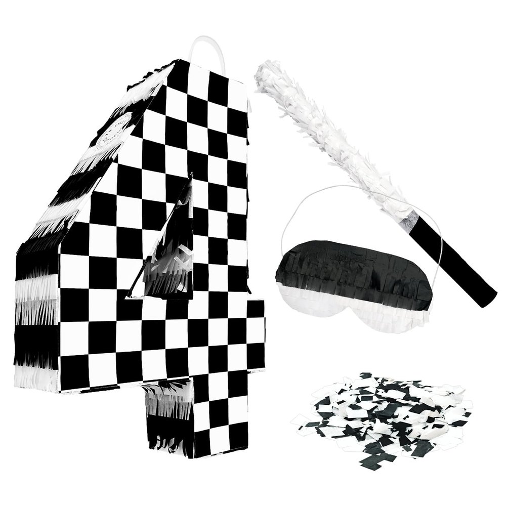 AVXINSOK Checkered Number 4 Pinata with Stick and Blindfold Black and White Race Car Pinata for Kids 4th Birthday Anniversary Racing Car Party Supplies