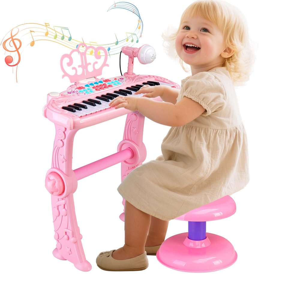 37 Key Kids Piano Keyboard Toy with Stool, Pink Toddler Piano Toy, Electronic Musical Instrument Keyboard Toys, Girls' Birthday Gift for Ages 3-7