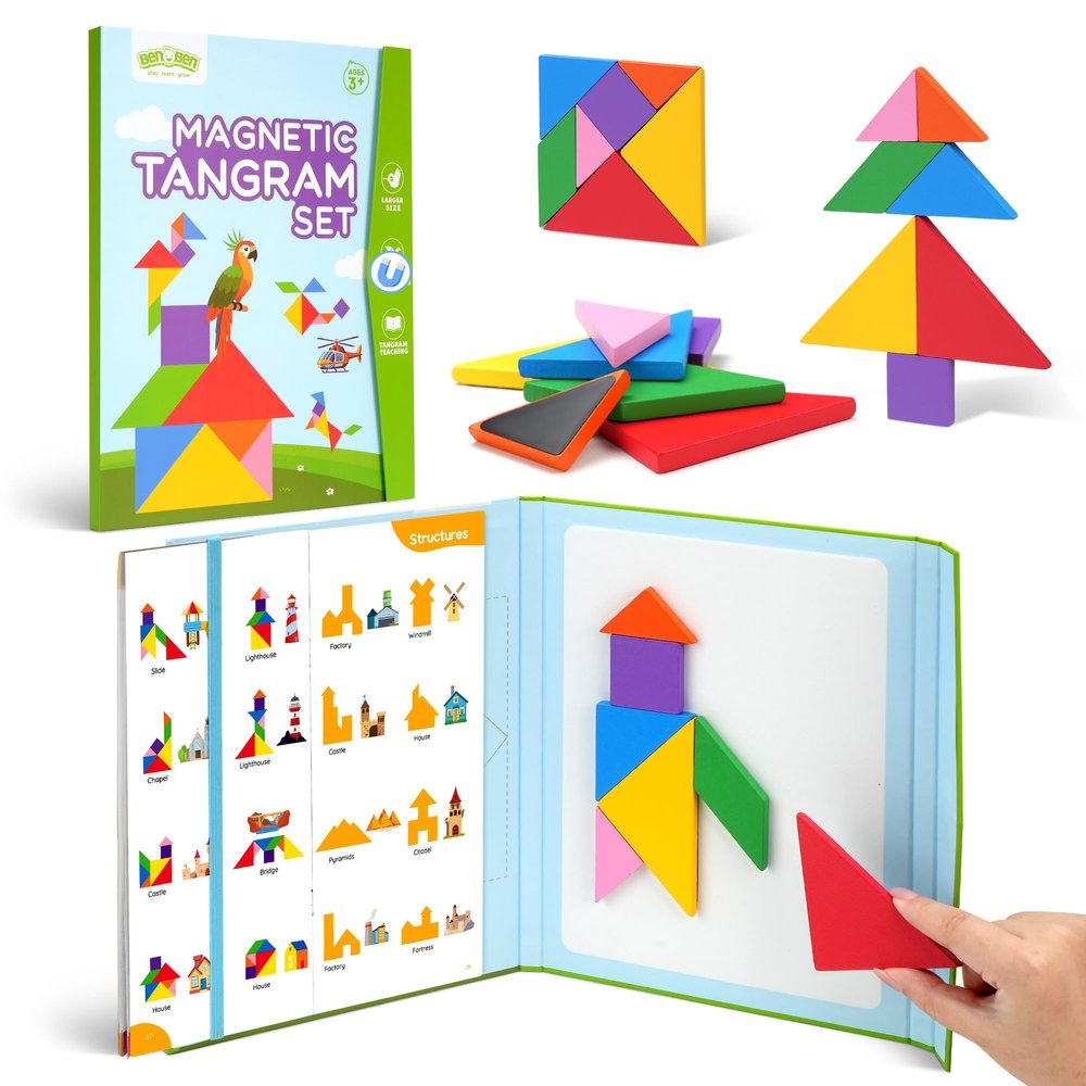 BenBen Travel Tangram Puzzle with Magnetic Wooden Shapes, Extra Large Dual-Sided Magnet Surface, Color Pattern IQ Book, Road Trip Car Plane Game, Educational STEM Travel Toys for Kids Adults