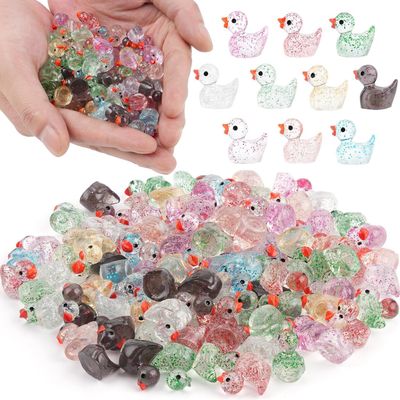 100Pcs Glitter Mini Resin Ducks, Colorful Tiny Ducks Figurines Bulk for Miniature Dollhouse Decor Accessories Garden Aquarium Potted DIY Ornament Charms Office Classroom Activity to Hide Party Toys