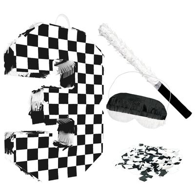 AVXINSOK Checkered Number 3 Pinata with Stick and Blindfold Black and White Race Car Pinata for Kids 3rd Birthday Anniversary Racing Car Party Supplies
