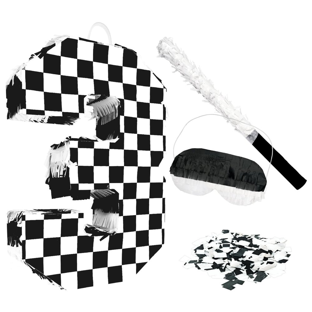 AVXINSOK Checkered Number 3 Pinata with Stick and Blindfold Black and White Race Car Pinata for Kids 3rd Birthday Anniversary Racing Car Party Supplies