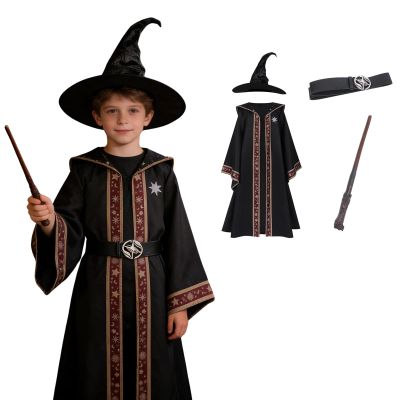 AGCOAH Kids Wizard Costume for Boys Girls Dark Wizard Outfits with Hat Belt Magic Wand Halloween Cosplay Dress Up Black L(10-12Y)