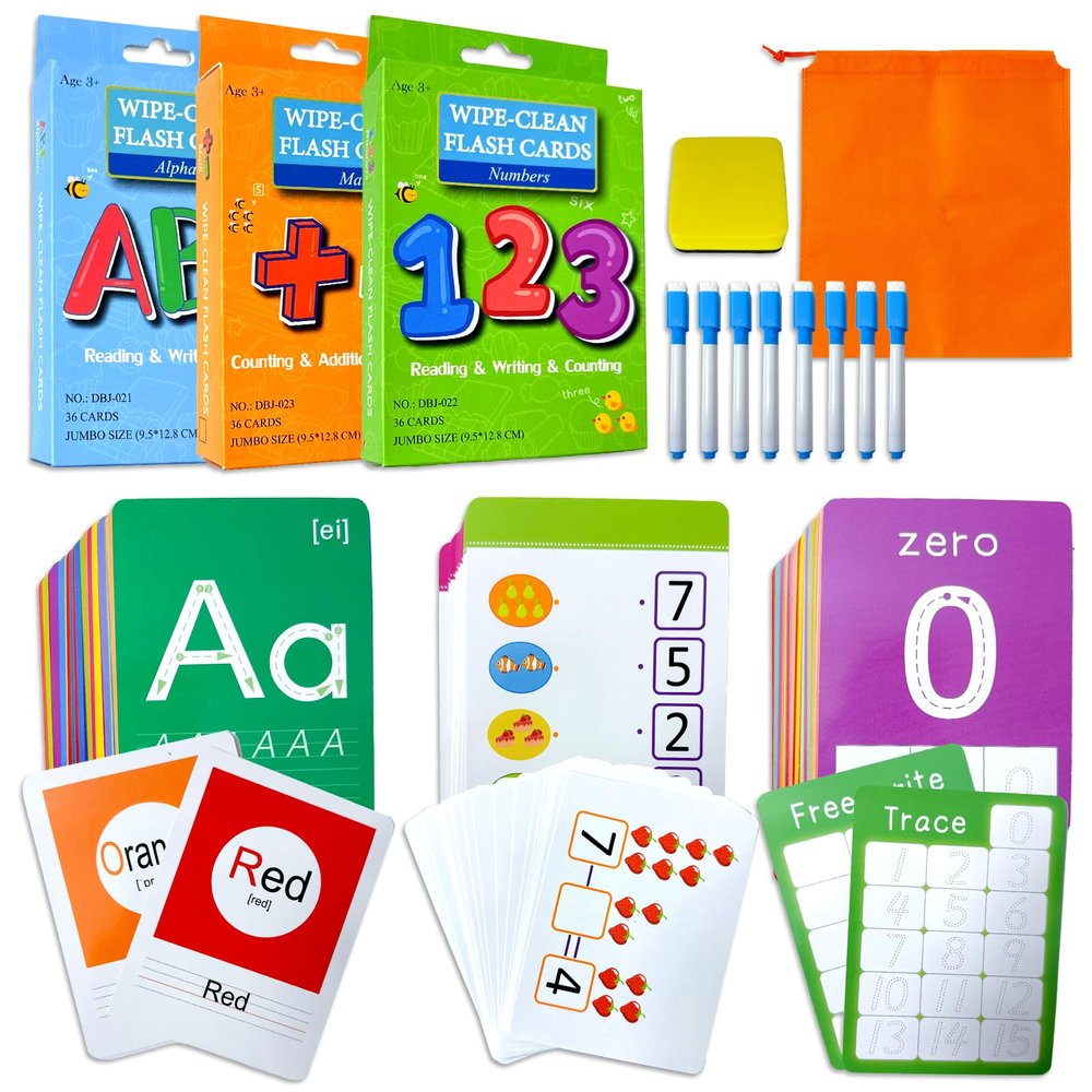 108PCS Toddler Flash Cards,Number, Alphabet, Math Flash Cards with 9 Dry Erase Pens - Early Education Flashcards for Kids, Preschool Learning Activities 3+
