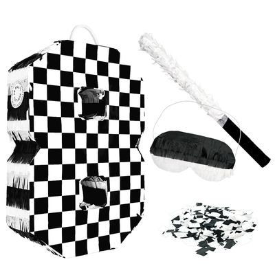 AVXINSOK Checkered Number 8 Pinata with Stick and Blindfold Black and White Race Car Pinata for Kids 8th Birthday Anniversary Racing Car Party Supplies