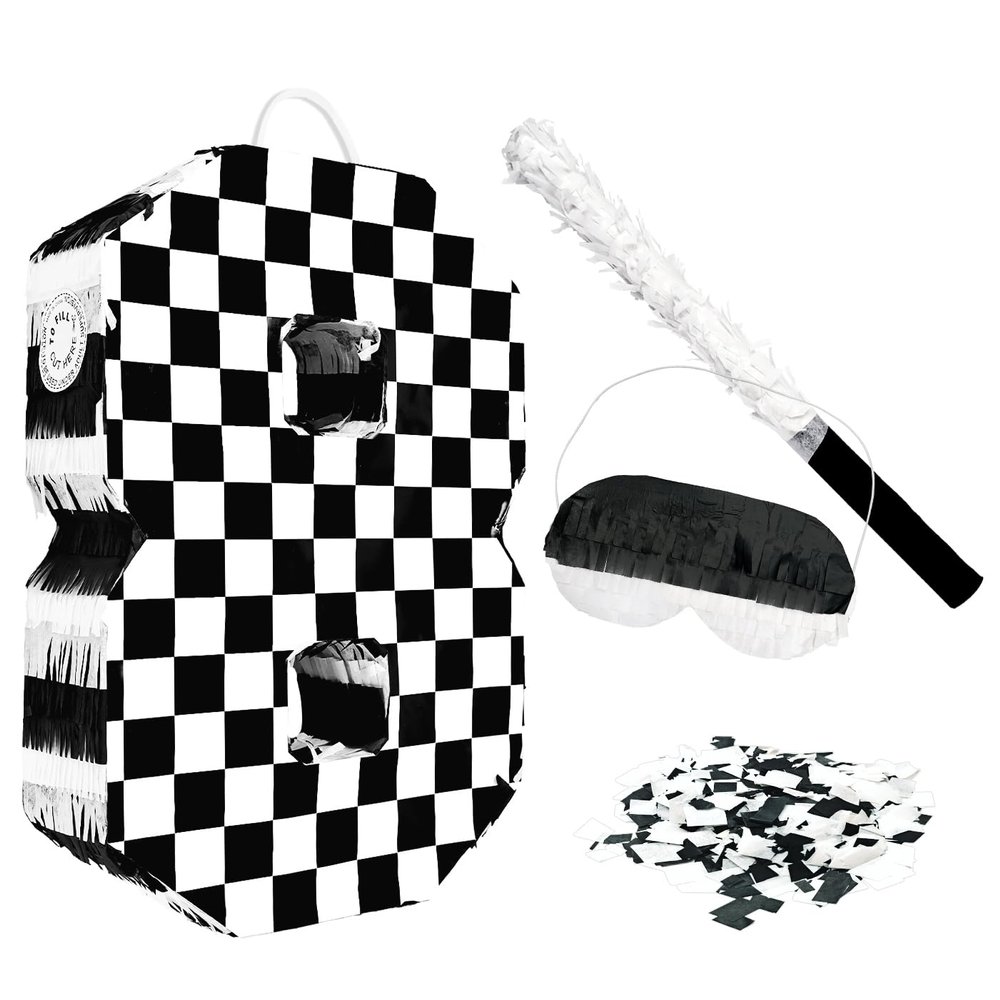AVXINSOK Checkered Number 8 Pinata with Stick and Blindfold Black and White Race Car Pinata for Kids 8th Birthday Anniversary Racing Car Party Supplies