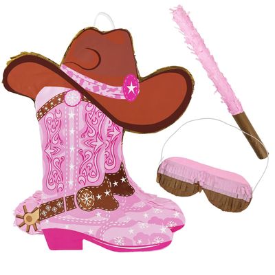 AVXINSOK Cowgirl Pinata with Stick and Blindfold Pink Western Boot Pinata for Kids Birthday Anniversary Girls Party Supplies