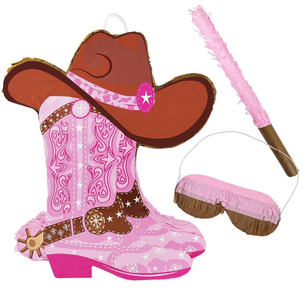 AVXINSOK Cowgirl Pinata with Stick and Blindfold Pink Western Boot Pinata for Kids Birthday Anniversary Girls Party Supplies