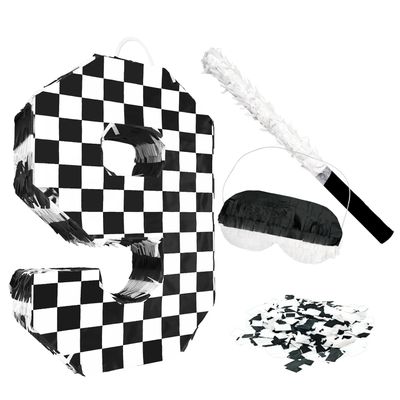 AVXINSOK Checkered Number 9 Pinata with Stick and Blindfold Black and White Race Car Pinata for Kids 9th Birthday Anniversary Racing Car Party Supplies