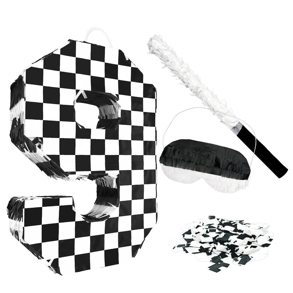 AVXINSOK Checkered Number 9 Pinata with Stick and Blindfold Black and White Race Car Pinata for Kids 9th Birthday Anniversary Racing Car Party Supplies