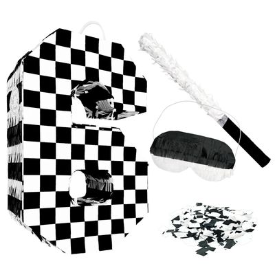 AVXINSOK Checkered Number 6 Pinata with Stick and Blindfold Black and White Race Car Pinata for Kids 6th Birthday Anniversary Racing Car Party Supplies