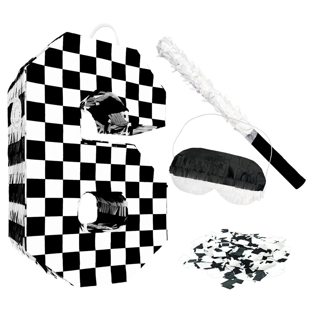 AVXINSOK Checkered Number 6 Pinata with Stick and Blindfold Black and White Race Car Pinata for Kids 6th Birthday Anniversary Racing Car Party Supplies