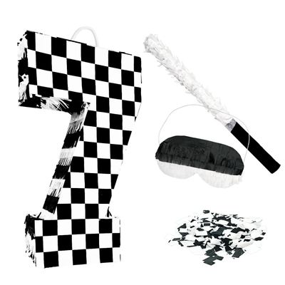 AVXINSOK Checkered Number 7 Pinata with Stick and Blindfold Black and White Race Car Pinata for Kids 7th Birthday Anniversary Racing Car Party Supplies